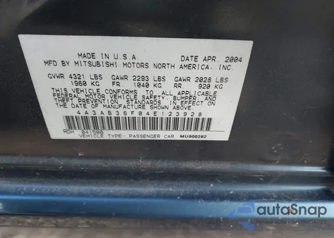 2004 Mitsubishi Galant Es из США, поврежденный, VIN 4A3AB36F04E123928